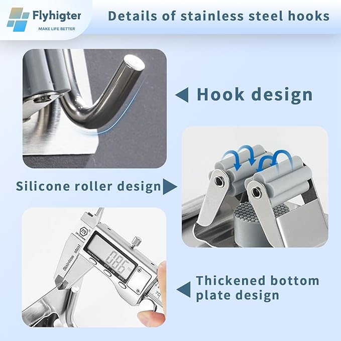 5 Pack Heavy Duty Mop and Broom Holder Wall Mount, No Drill Self Adhesive Stainless Steel Hanger with Hooks, Anti-Slip Tool Organizer for Bathroom, Kitchen, Garage, Laundry Room (5, Silver)