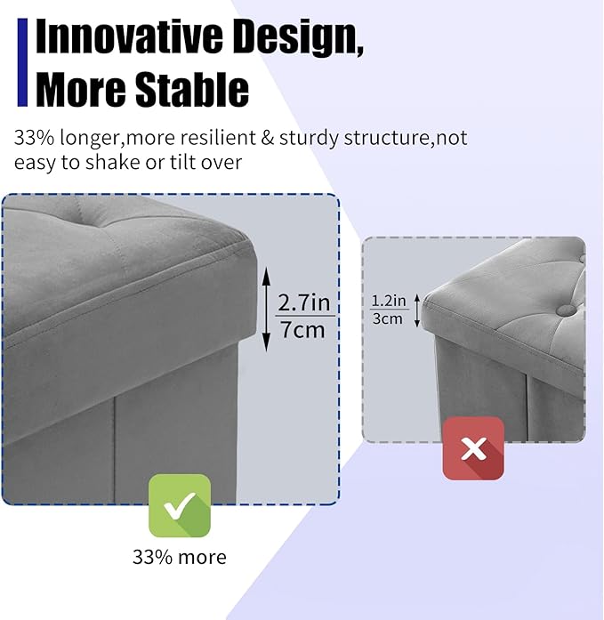 BRIAN & DANY 43 Inches Folding Storage Ottoman Bench, Velvet Ottoman with Storage for Living Room, Long Shoes Bench,Flannelette Footrest Benches Seat (Grey)-NeatNest