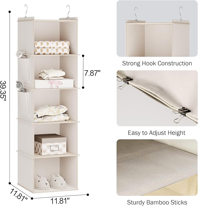 Hanging Closet Organizer, 5-Shelf Closet Hanging Storage Shelves, Beige-NeatNest