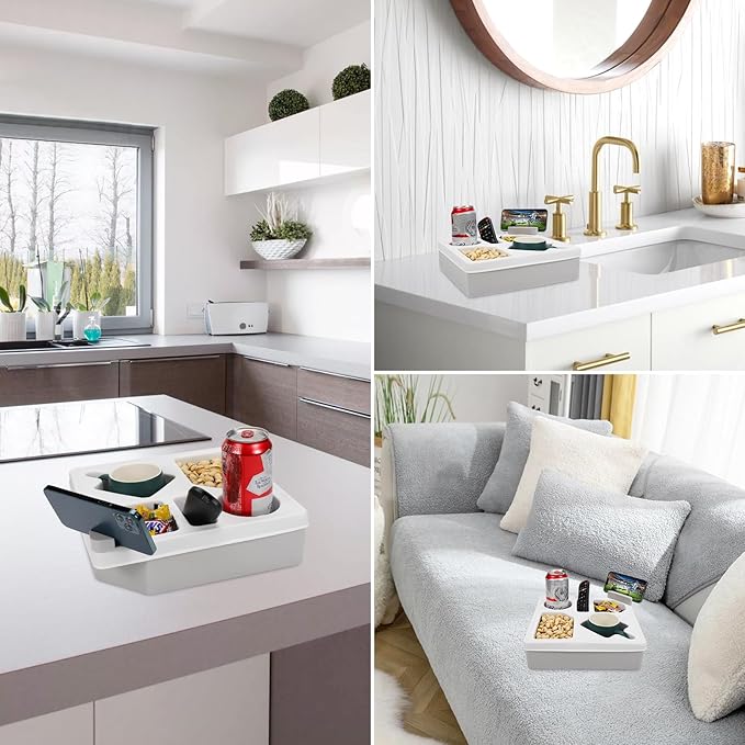 Couch Cup Holder Tray, Silicone Sofa Couch Caddy for Bed Car Seat Beach Organizer, Waterproof Cup Holder with Phone Stand for TV Remote, Snacks, Drinks, Cellphone (White)-NeatNest