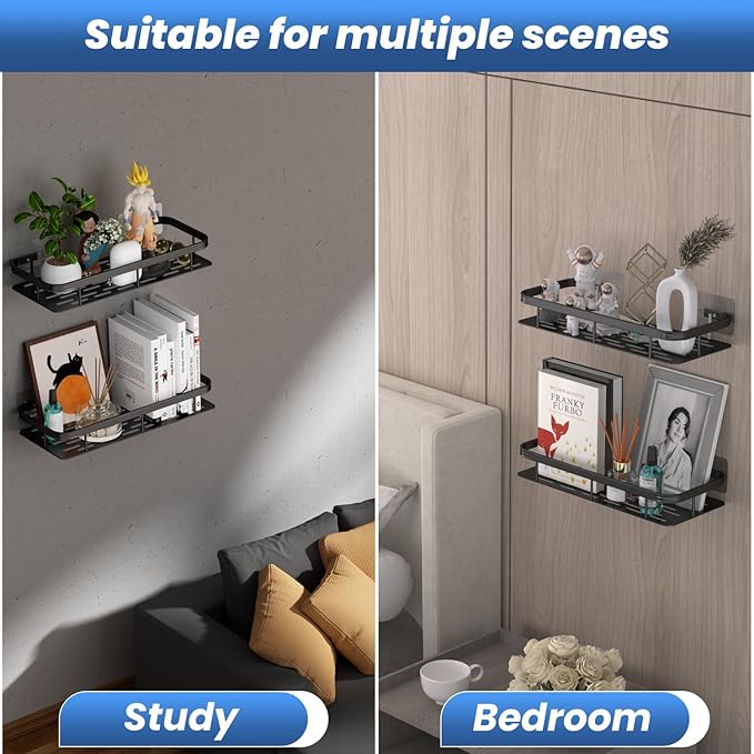 lanlord Wall Mounted Shower Caddy Shelf Organizer Rack,2 Pack 12 inch No Drilling Adhesive Shower Shelves,Bathroom Shower Organizers and Storage,Save Space With Hooks,(Black 2LBLT).