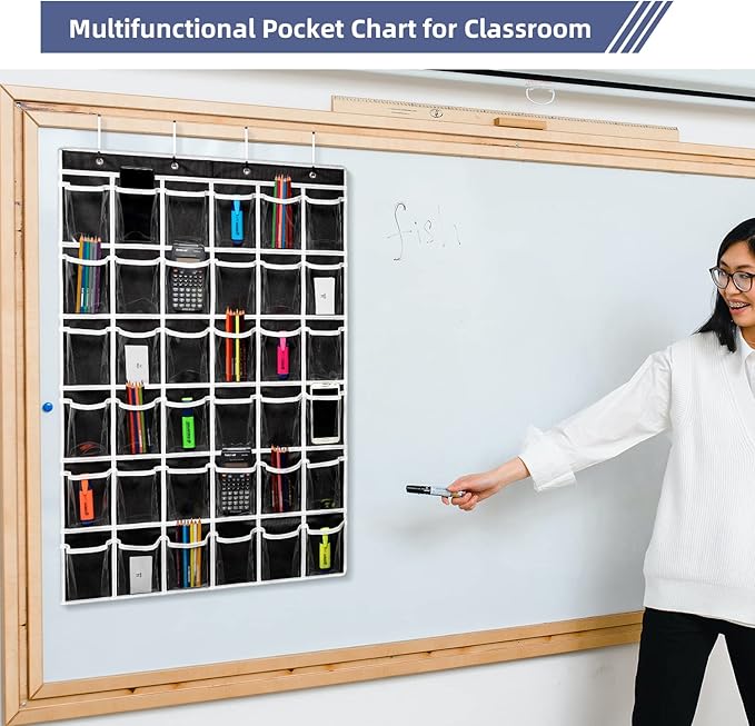 36 Clear Pockets Classroom Pocket Chart for Cell Phones,Pocket Chart Organizer for Calculator Holder with 36 Number Sticker Classroom Hanging Cell Phones Organizer (Black)-NeatNest