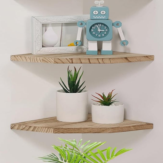 Joiishom Wood Corner Wall Shelves Set of 2, Solid Wood Corner Floating Shelves, Round End Wall Mounted Floating Corner Shelf for Bedroom, Living Room and Kitchen. (Carbonized-12 inch)-NeatNest