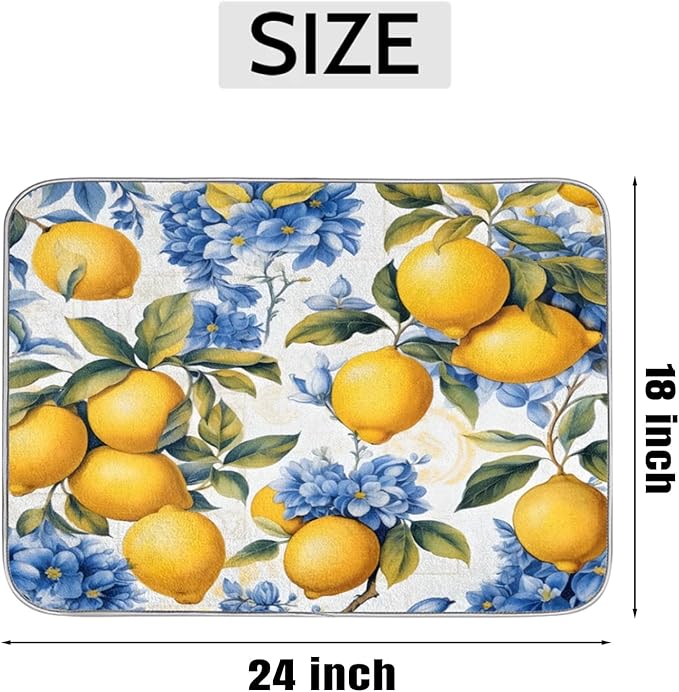 Dish Drying Mat for Kitchen Counter - Absorbent Microfiber Drying Rack Pads Reversible Dish Pad Draining Mats for Countertop Coffee Mats,18x24 inch(Lemon)