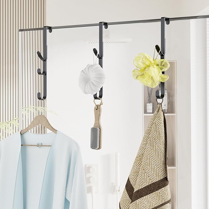 Over the Door Hooks hanger,over the door towel hook Organizer hanging for coat clothes backpack hat purse Metal Towel Rack Back of Shower for Bathroom,Dorm,Bedroom,Kitchen,Office Closet (Black-3Packs)