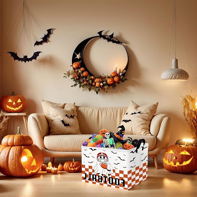 Halloween Basket Gift Cute Ghost Parties Decor Kid Trick or Treat Basket for Boys and Girls Rectangular Storage Bin Box (Football Bat)-NeatNest