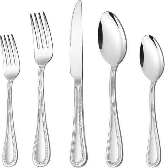 20-Piece Silverware Set, HaWare Stainless Steel Flatware Service for 4, Pearled Edge Tableware Cutlery Include Knife/Fork/Spoon, Beading Eating Utensil for Home, Mirror Polished, Dishwasher Safe