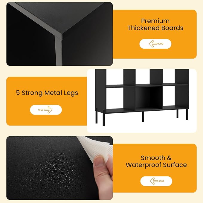 6 Cube Bookcase, Wood Storage Organizer with 5 Metal Legs, Bookshelf with Storage, Cubical Storage Shelf, Wooden Book Shelf, Display Shelves for Bedroom, Living Room, Entryway (Black)