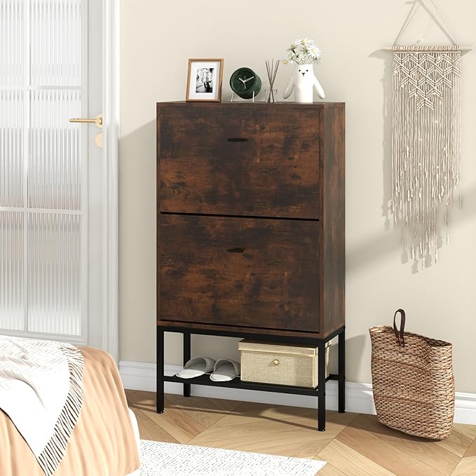 LOKO Industrial Shoe Storage Cabinet, Freestanding Shoe Organizer with 2 Flip Drawers, Adjustable & Removable Interior Shelves, Narrow Shoe Rack Cabinet for Entryway, Hallway, Rustic Brown-NeatNest