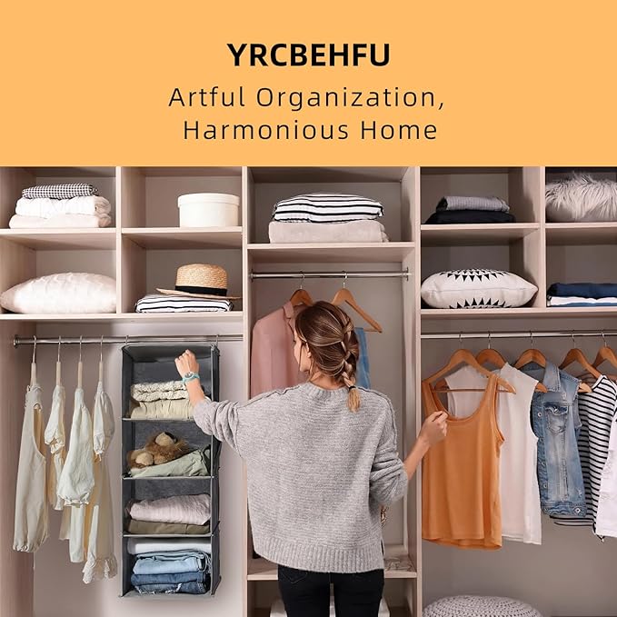 2 Packs Hanging Closet Organizer, 4-Shelf Closet Organizers and Storage with Side Pockets, Collapsible Hanging Shelves for Closet & RV & College Dorm,Grey-NeatNest