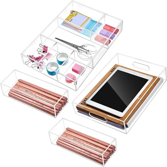 4 Pack Desk Drawer Organizer Set 3 Size Clear Acrylic Drawer Organizer Trays and Storage Dividers Office Accessories for Pen Makeup Silverware Office Bathroom
