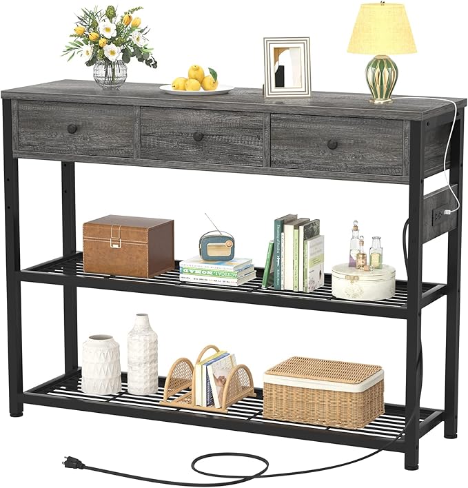Ecoprsio 47'' Entryway Table with Outlets and USB Ports, Console Table with 3 Drawers, Sofa Table Narrow Long with Storage Shelves for Living Room, Couch, Hallway, Foyer, Kitchen Counter, Grey-NeatNest