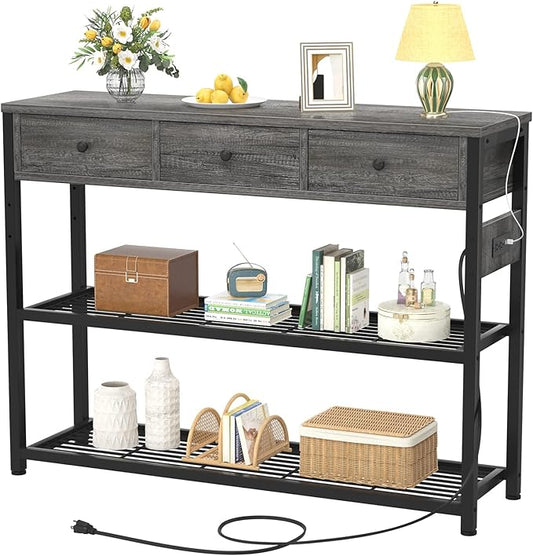 Ecoprsio 47'' Entryway Table with Outlets and USB Ports, Console Table with 3 Drawers, Sofa Table Narrow Long with Storage Shelves for Living Room, Couch, Hallway, Foyer, Kitchen Counter, Grey-NeatNest