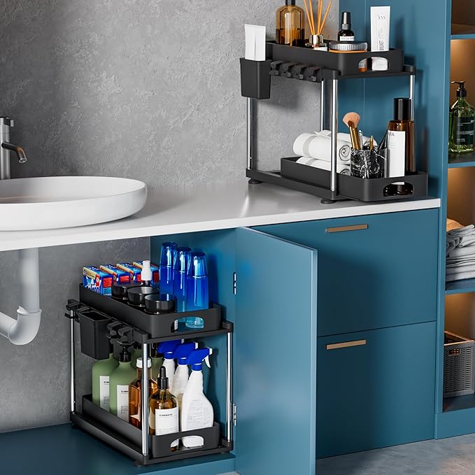 2 Pack Under Sink Organizer, 2 Tier Under Sink Organizers and Storage for Kitchen Bathroom, Height Adjustable Cabinet Organizer with Two Slide-Out Drawers,Black-NeatNest