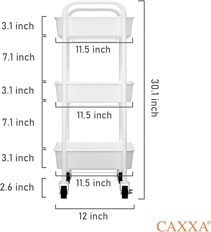 CAXXA 3-Tier Rolling Metal Storage Organizer - Mobile Utility Cart Kitchen Cart with Caster Wheels, White-NeatNest