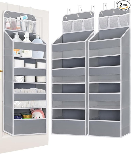 2 Pack Over the Door Organizer with 4 Large Capacity Pocket, 55lb Load Heavy Duty Kid's Room Organizer for Diaper Toys Behind Door Hanging Organizers for Bathroom Nursery Baby Closet Organizer