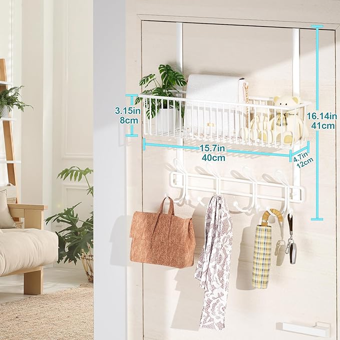 Over The Door Hooks Organizer,Door Hanger Door Storage with Basket,Over The Door Towel Rack Coat Hooks with 12 Hooks,for Bathroom,Bedroom,Kitchen,Office,Apartment(White)