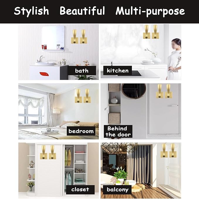 2 Pack Towel Holder for Bathroom Wall Hooks, Shower Bath Towel Rack Holder, Robe Hook Heavy Duty Coat Hooks Entryway Wall Mounted for Hanging Key Robe Hat Backpack (Golden)