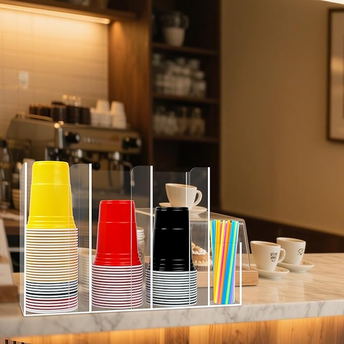 4 Compartments Acrylic Cup and Lid Holder, Clear Disposable Coffee Cup Holder Organizer,Cup Dispenser for Kitchen Bar Shop Party Supplies-NeatNest