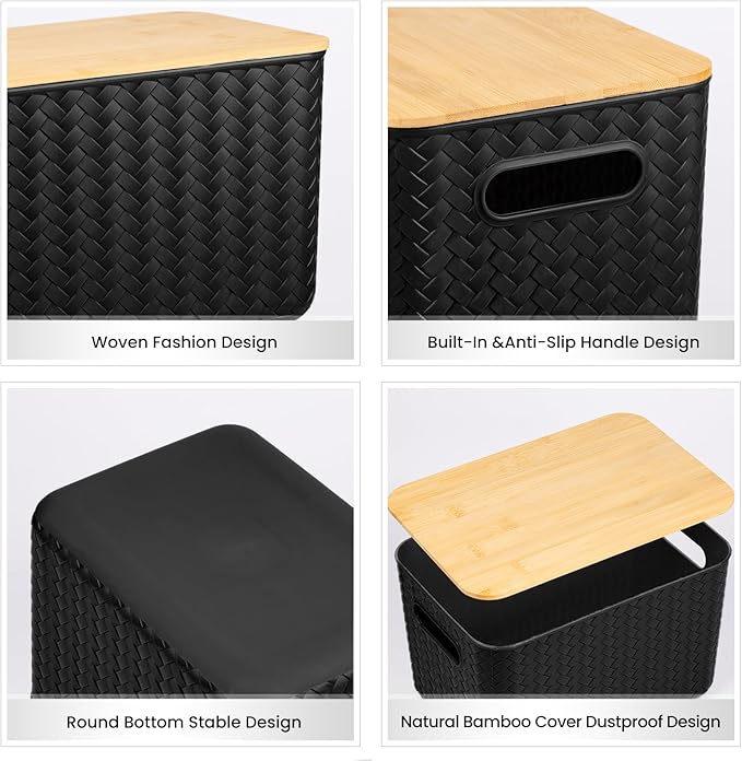 4 Packs Storage Bins with Bamboo Lids - Plastic Storage Containers with Lids Stackable Storage Box: Storages Baskets for Organizing Desktop Closet Playroom Classroom Office, Black