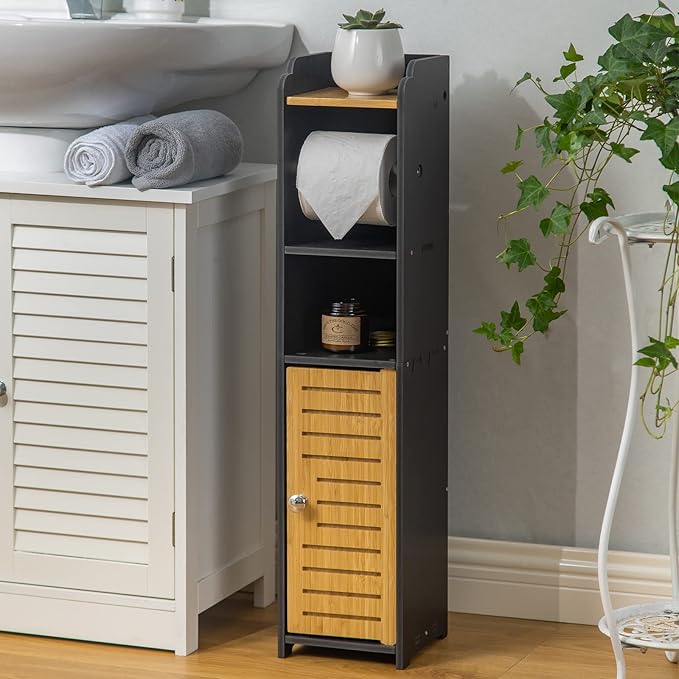 AOJEZOR Toilet Paper Holder Stand: Small Bathroom Storage Cabinet - Black - Bamboo-NeatNest