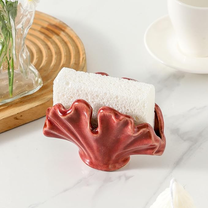 Ceramic Sponge Holder,Sponge Holder for Kitchen Sink,Compact Sink Caddy Organizer-Scouring Pad and Dish Sponge Holders,Farmhouse Kitchens Decor Cute Kitchen Gadgets Accessories(Red)-NeatNest