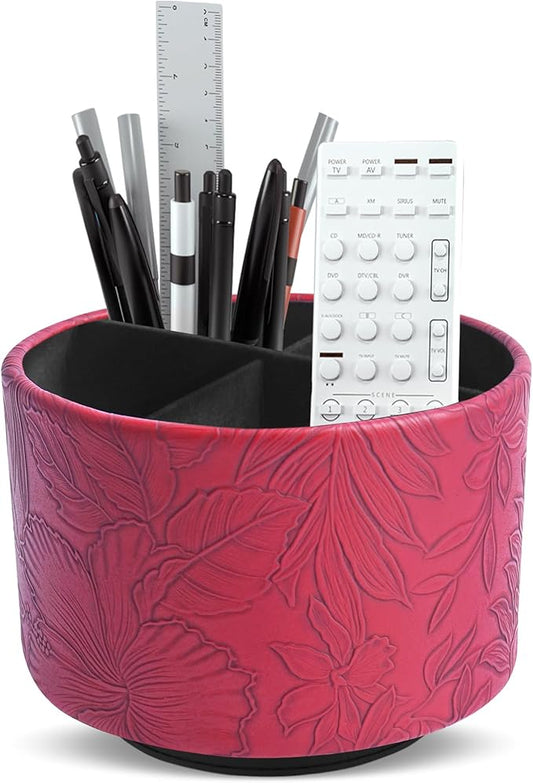 Hennaja Round Leather Art Supply Organizer,Remote Control Holder,360 Degree Spinning,Multi-Functional Pencil Holder,4 Compartments Desktop Stationary Organizer(1-Carved Red)-NeatNest