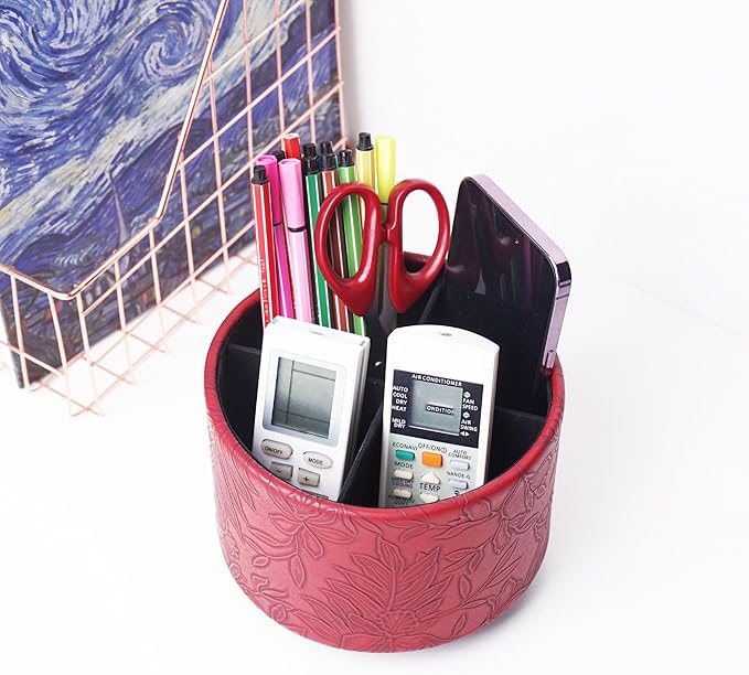 Hennaja Round Leather Art Supply Organizer,Remote Control Holder,360 Degree Spinning,Multi-Functional Pencil Holder,4 Compartments Desktop Stationary Organizer(1-Carved Red)-NeatNest