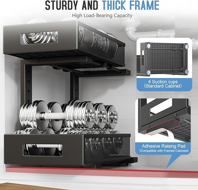 2-Pack Under Sink Organizers And Storage,Large Capacity 2-Tier Pull-Out Cabinet Organizer With Upgraded Tube Rails,Adjustable Height Sliding Drawers,Sturdy Mesh Shelves For Kitchen&Bathroom-Black-NeatNest