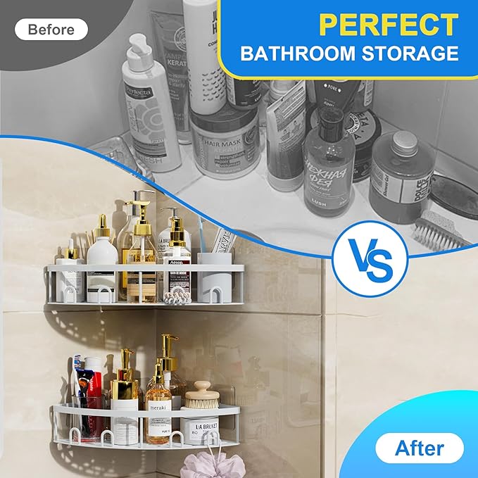 Corner Shower Caddy, 2 Pack Adhesive Bathroom Shower Corner Organizer Shelf, No Drilling Rustproof Wall Mounted Shower Storage Rack Shampoo Holder Organizer (White)