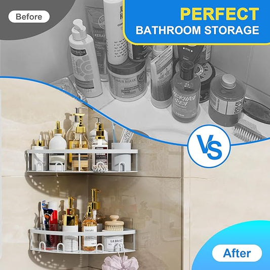 Corner Shower Caddy, 2 Pack Adhesive Bathroom Shower Corner Organizer Shelf, No Drilling Rustproof Wall Mounted Shower Storage Rack Shampoo Holder Organizer (White)-NeatNest