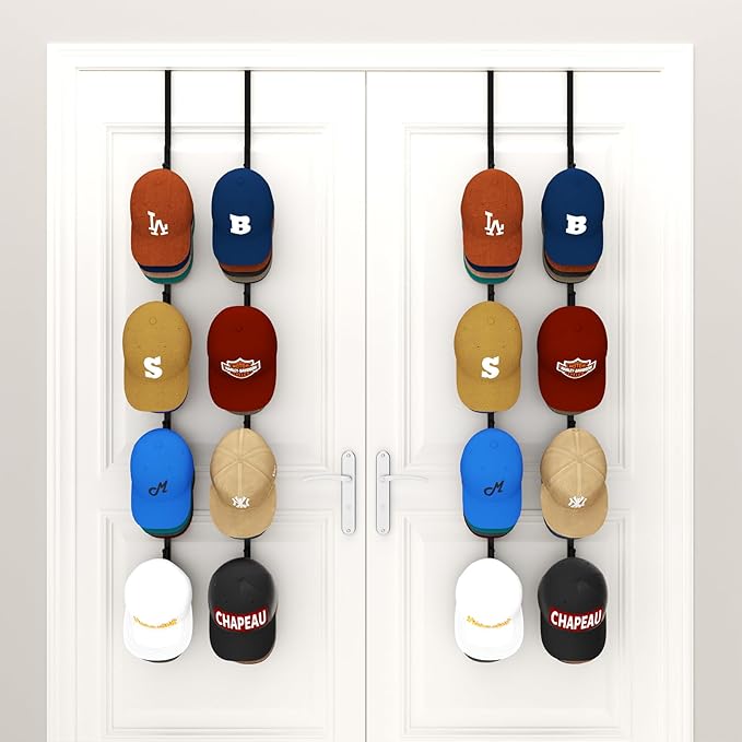 HapiRm Over Door Hat Rack - 4 Packs Metal Hanging Hat Organizer with 16 Hooks Design, Baseball Cap Hanger Organizer Storage Holds up to 80 Caps for Door, Bedroom, Closet-NeatNest