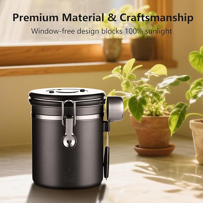 Airtight Coffee Container with CO2 Valve, Holds up to 1.5lb of Beans Stainless Steel Coffee Canister - One-Way Valve Keeps Beans Fresh, Lid, Date Tracker & Scoop, for Coffee Beans Grounds, Tea.