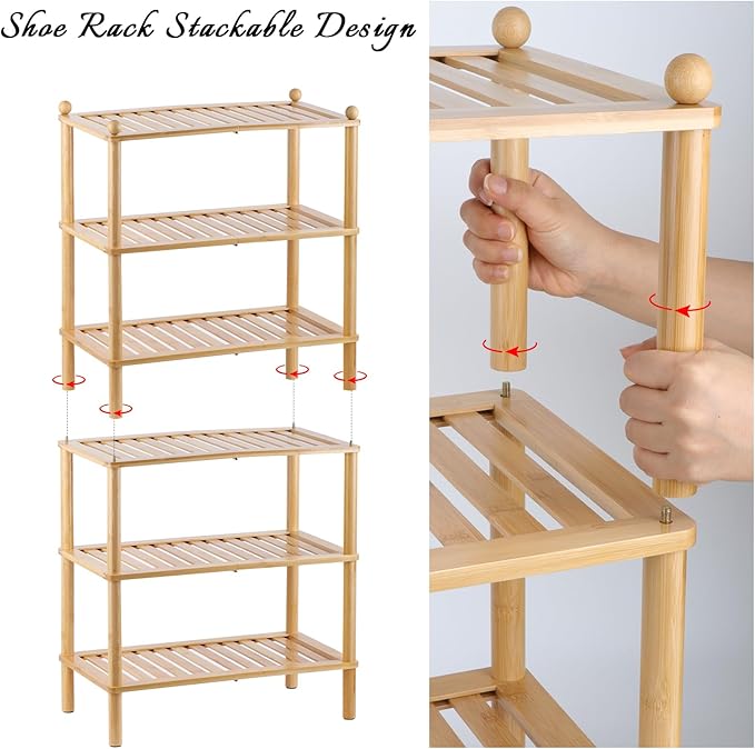 3-Tier Shoe Rack,Shoes Organizer,for Front Door Entrance, Free Standing Shelf Entryway and Closet Hallway, Small Space Stackable Bamboo Multifunctional Racks-NeatNest