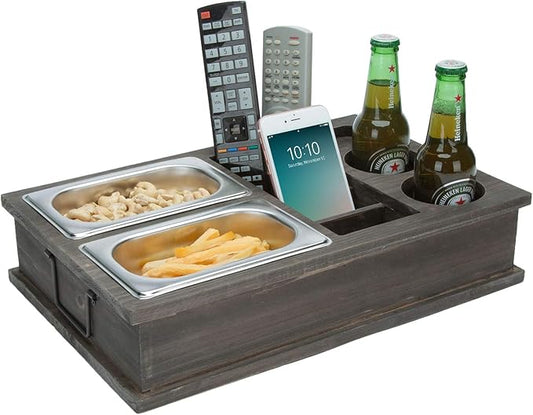 MyGift Vintage Gray Wood Beverage and Snack Server with Remote Control Holder for Living Room, Coffee Table, Caddy for Snacks, Drinks, Remote Control Organizer, TV Tray-NeatNest
