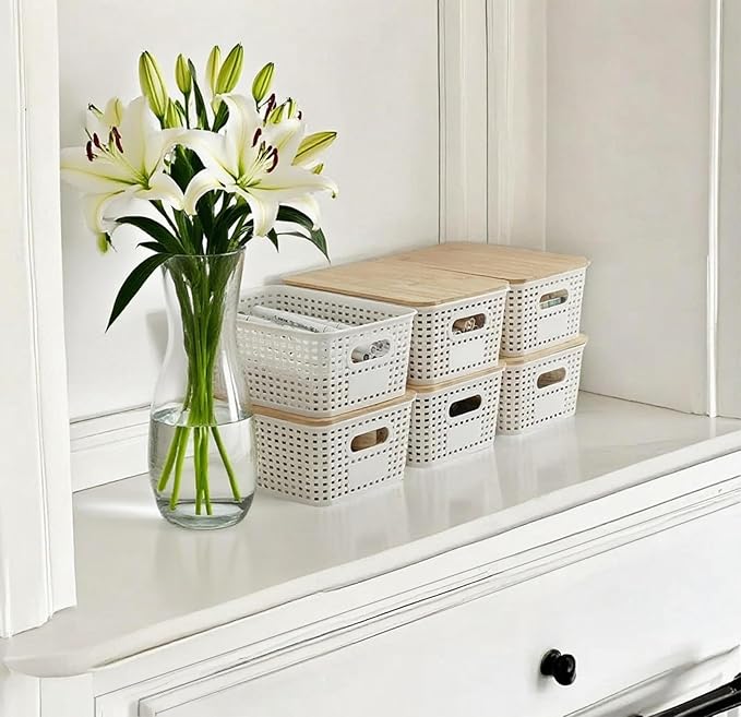6-Pack Small 5 Qt Stackable Storage Bins with Bamboo Lids - Decorative Cute Plastic Baskets Boxes Containers with Labels for Organizing Shelves, Classroom, Closet, Desktop, Office-White-NeatNest