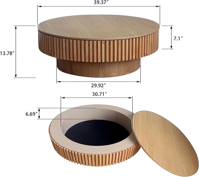kevinplus 39.37'' Round Coffee Table Modern Wood Circle Fluted Drum Pedestal Coffee Table with Storage Space for Living Room, Easy Assembly, Wood