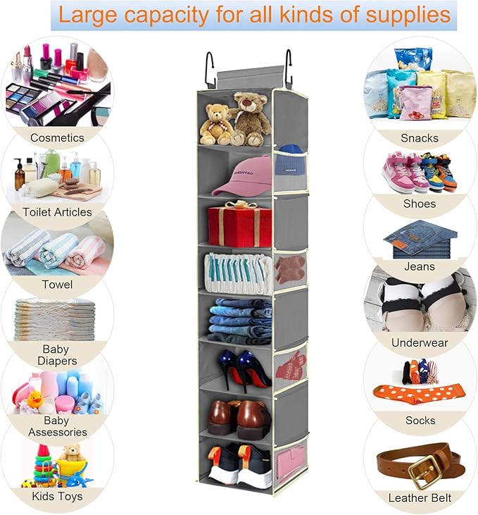 2 Pack Large-Sized Hanging Shoe Organizer 8-Shelf, Hanging Closet Organizer with 8 Side Pockets, Wider Hanging Shelves for Storage Shoes Clothes 9" W × 11.8" D× 48" H, Grey.-NeatNest