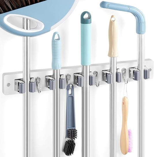 White Broom Holder Wall Mount - Heavy Duty Wood Mop and Broom Organizer with 5 Slots & 4 Hooks - Garden Tool Hanger for Laundry Room Closet Kitchen Garage Storage and Organization - Modern Home Decor-NeatNest