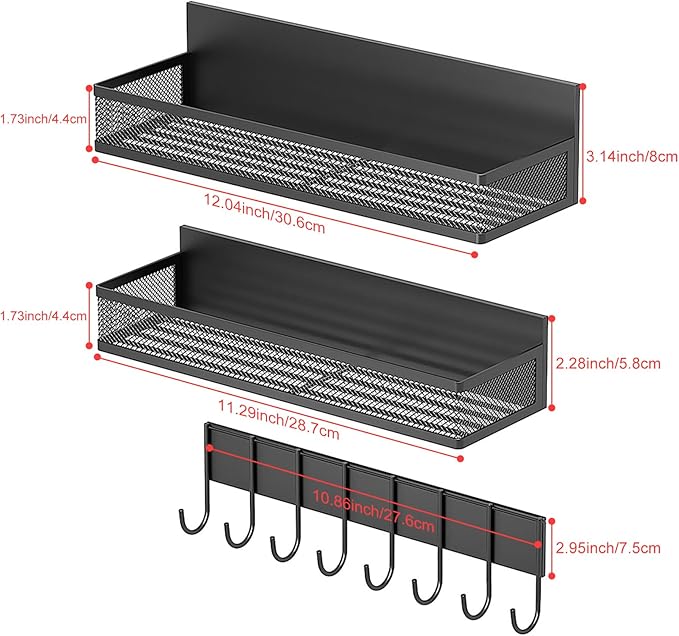 3-Pack Magnetic Spice Rack for Refrigerator - Heavy Duty Metal Kitchen Organizer with Hooks, Space-Saving Cabinet Storage, Rustproof & Easy to Clean