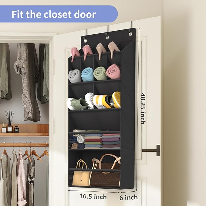 FENTEC 2 Pack Over the Door Shoe Organizer, Hanging Shoe Organizers with Large Pockets Shoe Holder Hanging Shoe Rack for Closet Shoe Organizer for Wall, Over Door Organizer with 30 Pockets, Black-NeatNest