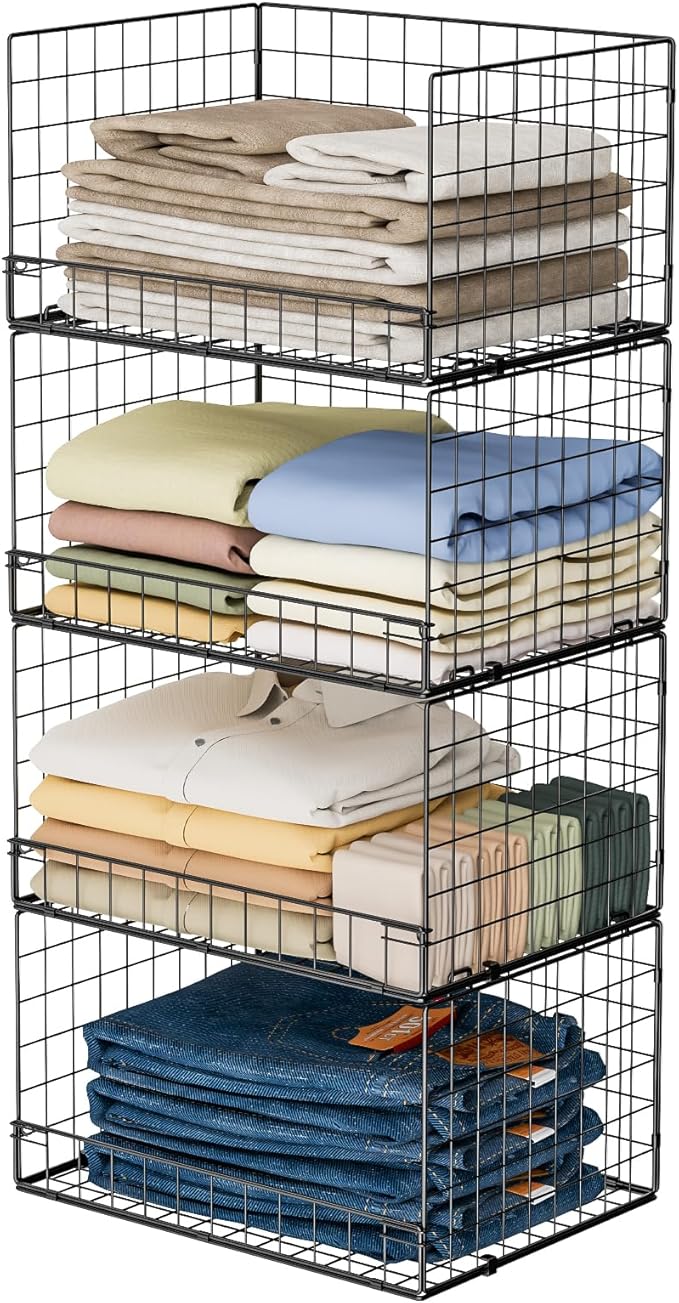 4-Tier Stackable Closet Organizers and Storage Shelves, Clothes Shelf Organizer Basket Bins, Foldable Sweater Storage for Closet Organizer System, Black (Patent Pending)