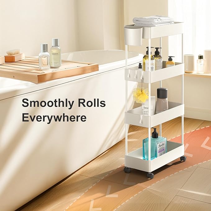 Pipishell Slim Storage Cart with Wheels, 4 Tier Bathroom Storage Organizer Rolling Utility Cart for Bathroom Kitchen Laundry Room Office Narrow Place (White)-NeatNest