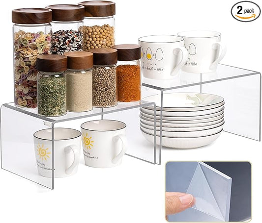 Acrylic Clear Kitchen Rack for Dishes, Spices Jars and Mugs, Kitchen Counter Cabinet Organizer, Clear Spice Rack Shelves, 5mm Thick, 2 Pack-NeatNest