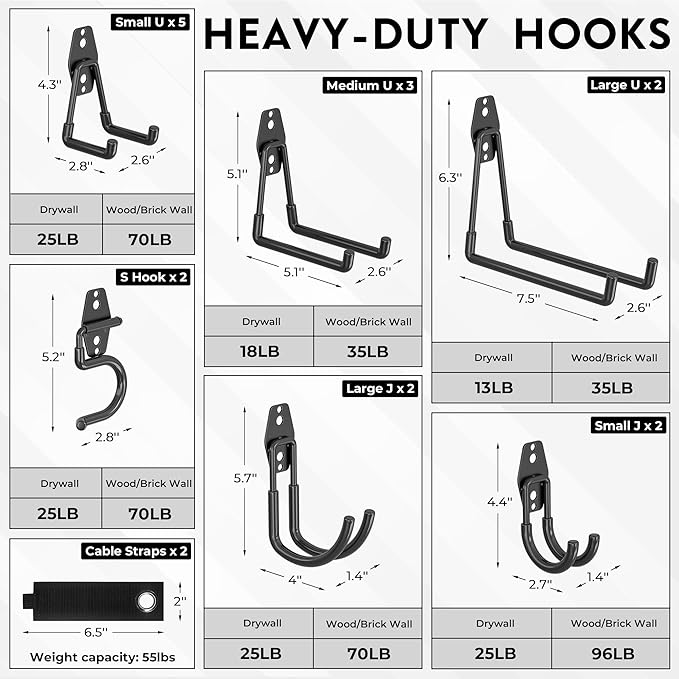 BONTEC Heavy Duty Garage Hooks, Anti-Slip Coated Black Steel with Strong Load Capacity, Multi-Sized U and J Hooks, Easy Wall Mount for Garage, Garden, Workshop (Black, 18 Pack)-NeatNest