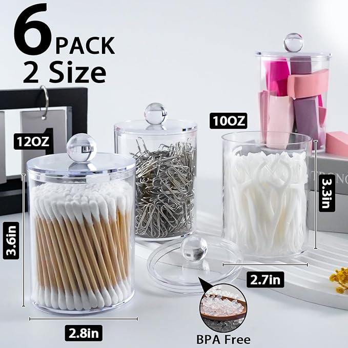 6 Pack Qtip Holder, Apothecary Jars Holder Dispenser, Bathroom Jars with Lids Set for for Cotton Swabs, Balls, Pads, Floss Picks,10oz-12oz Plastic Canisters(Clear)