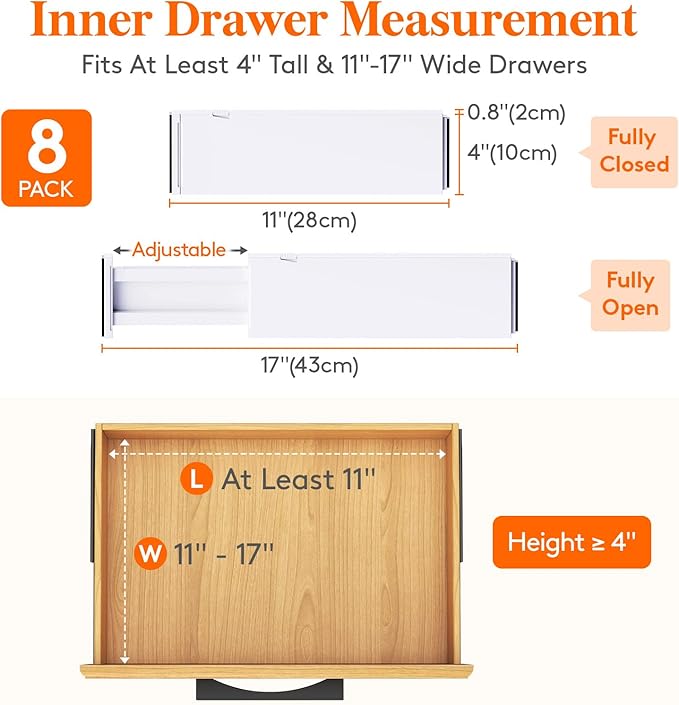 Lifewit 8 Pack Drawer Dividers 4" High,11-17" Adjustable Dresser Drawer Organizers for Clothes, Expandable Dresser Separators in Bedroom/Bathroom/Kitchen/Vanity/Office Organization and Storage, White-NeatNest