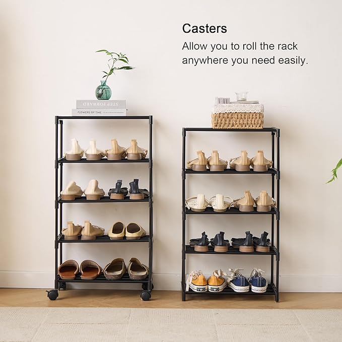 5-Tier Small Shoe Rack with Wheels, Slide-Out Metal Shoe Racks Storage, Anti-Rust Coating, Stackable Design - 16.9W for Entryway, Kitchen, Living Room & Office - Black