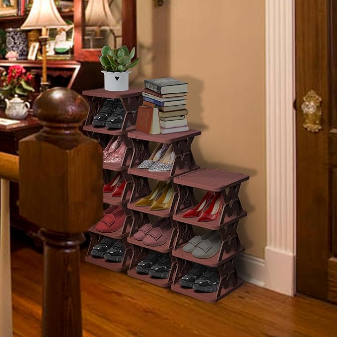 Small Shoe Rack, 6 Tier Foldable Shoe Organizer Without Assembly, Fake Wood-Pattern Match Floor Well, for Entryway, Front Door Entrance, Bedroom, Brown-NeatNest