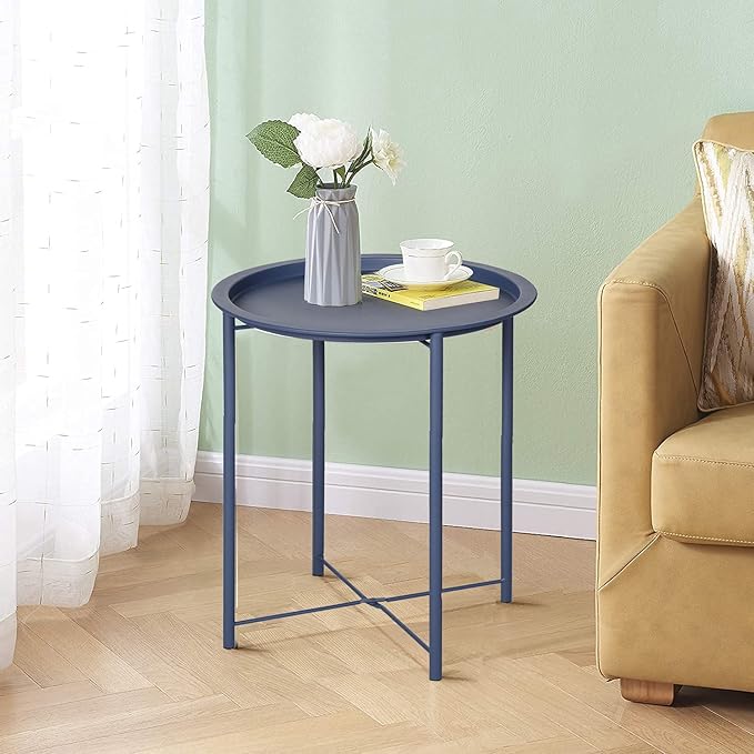 VECELO Side/End Table, Folding Round Metal Anti-Rust and Waterproof Outdoor or Indoor Tray for Living Room Bedroom Balcony and Office, 1 PCS, Blue